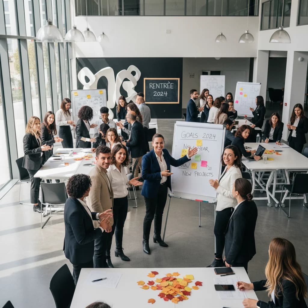 Équipe participant à un atelier lors d'un séminaire de rentrée en extérieur