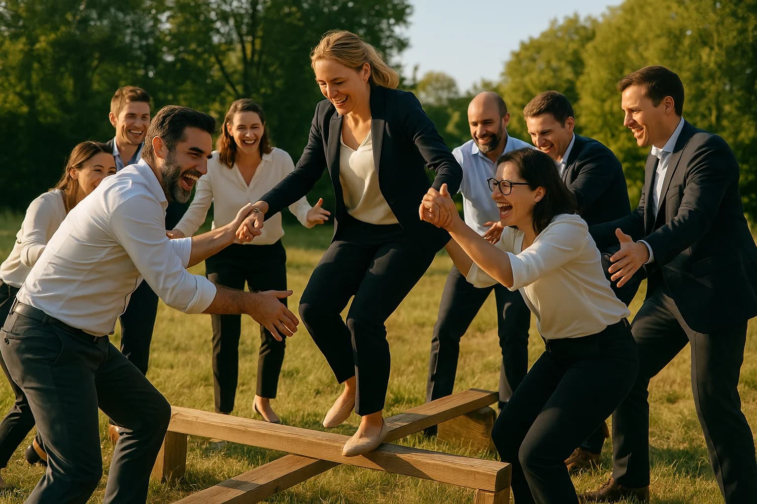 Équipe participant à une activité de plein air dans un cadre naturel
