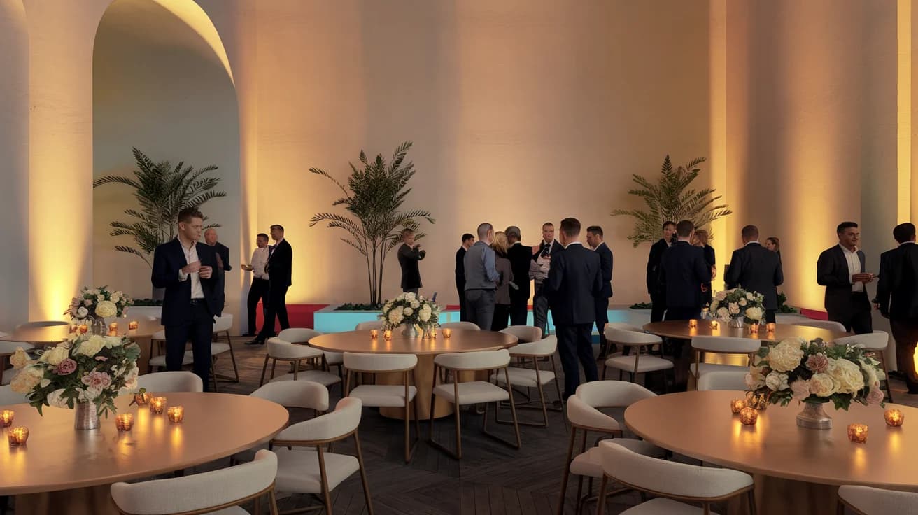 Salle de réception décorée pour une soirée à thème, ambiance festive