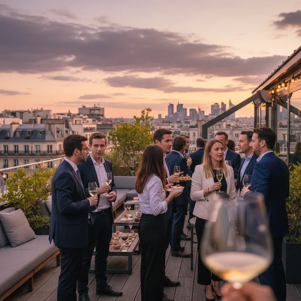 Groupe de collègues souriant lors d'un afterwork dans un bar chic
