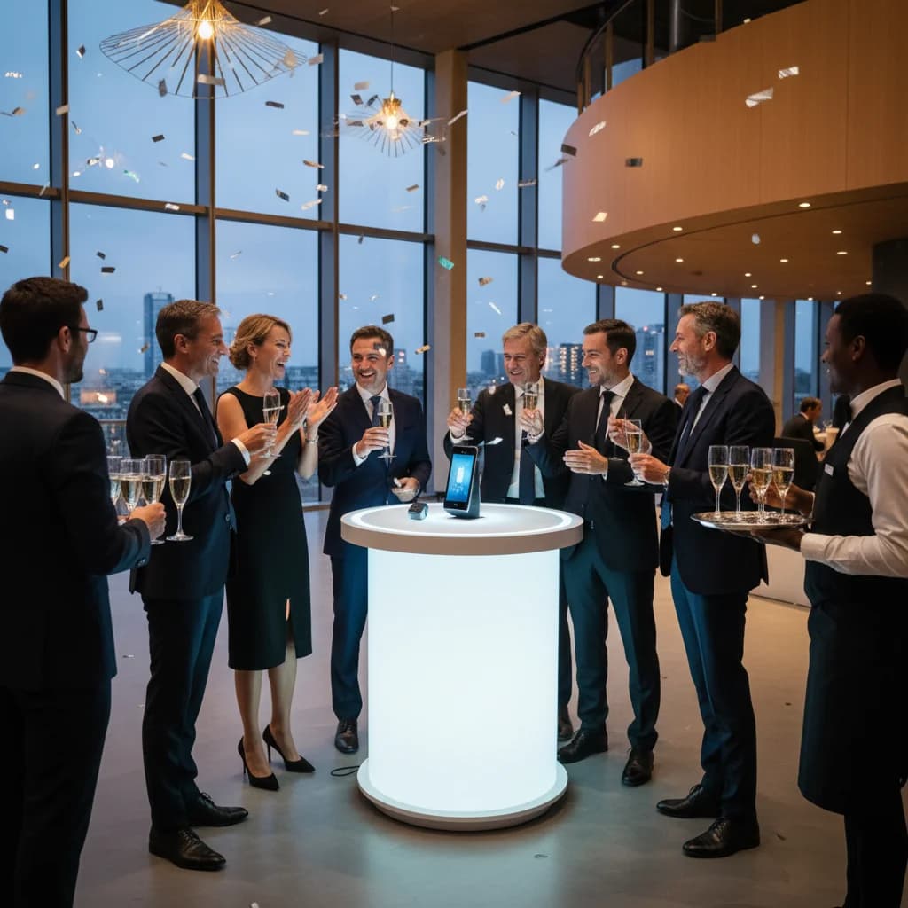 Salle événementielle moderne avec scène, écran géant et espace cocktail pour un lancement de produit
